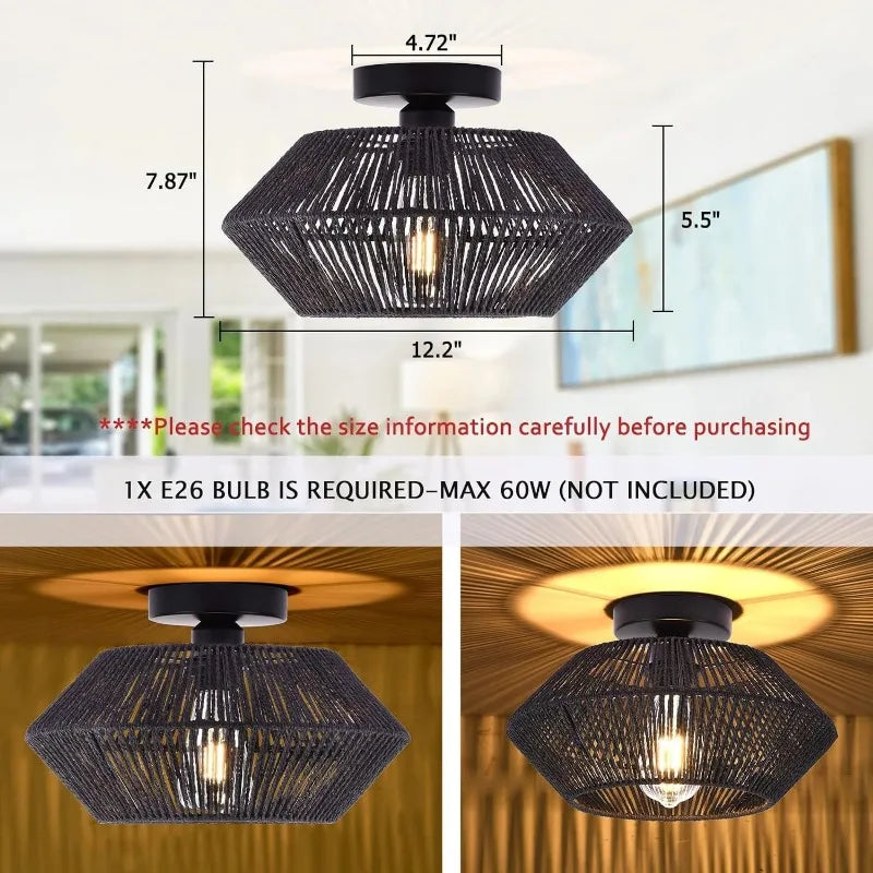 Woven Rattan Flush Mount Ceiling Light
