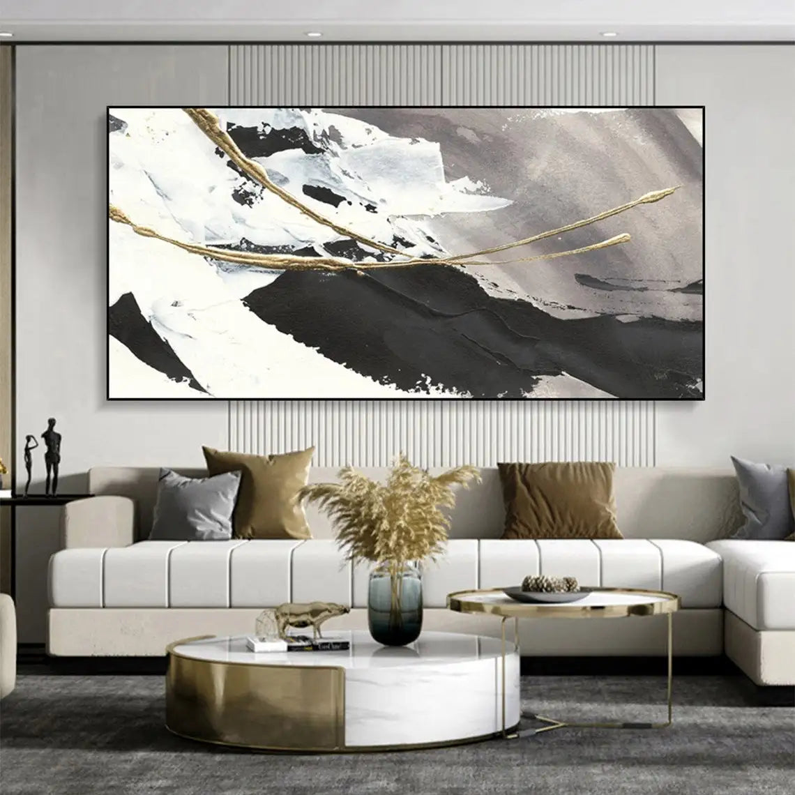 Gold Foil Black White Acrylic Abstract Oil Painting