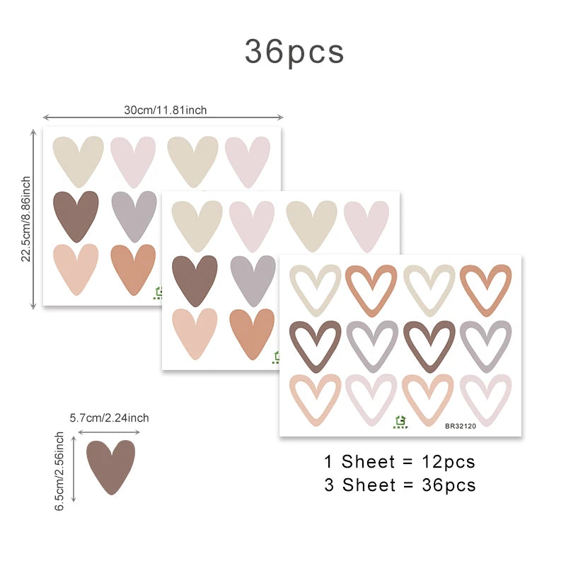 36 Hearts Boho Wall Decals
