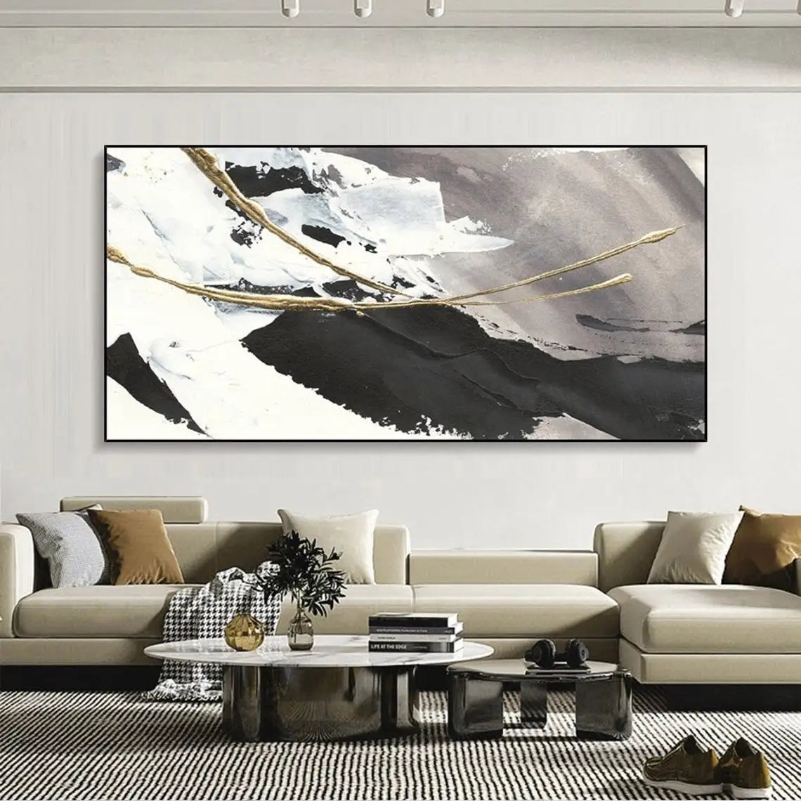 Gold Foil Black White Acrylic Abstract Oil Painting
