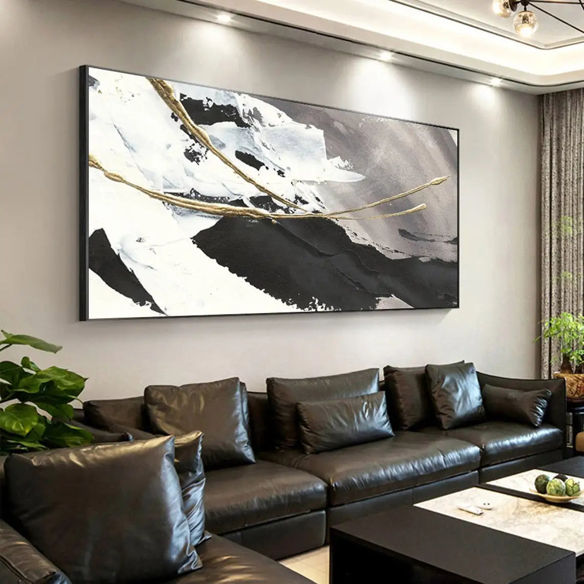 Gold Foil Black White Acrylic Abstract Oil Painting
