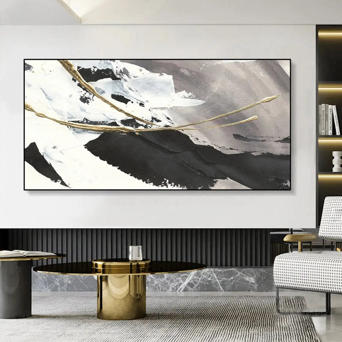 Gold Foil Black White Acrylic Abstract Oil Painting