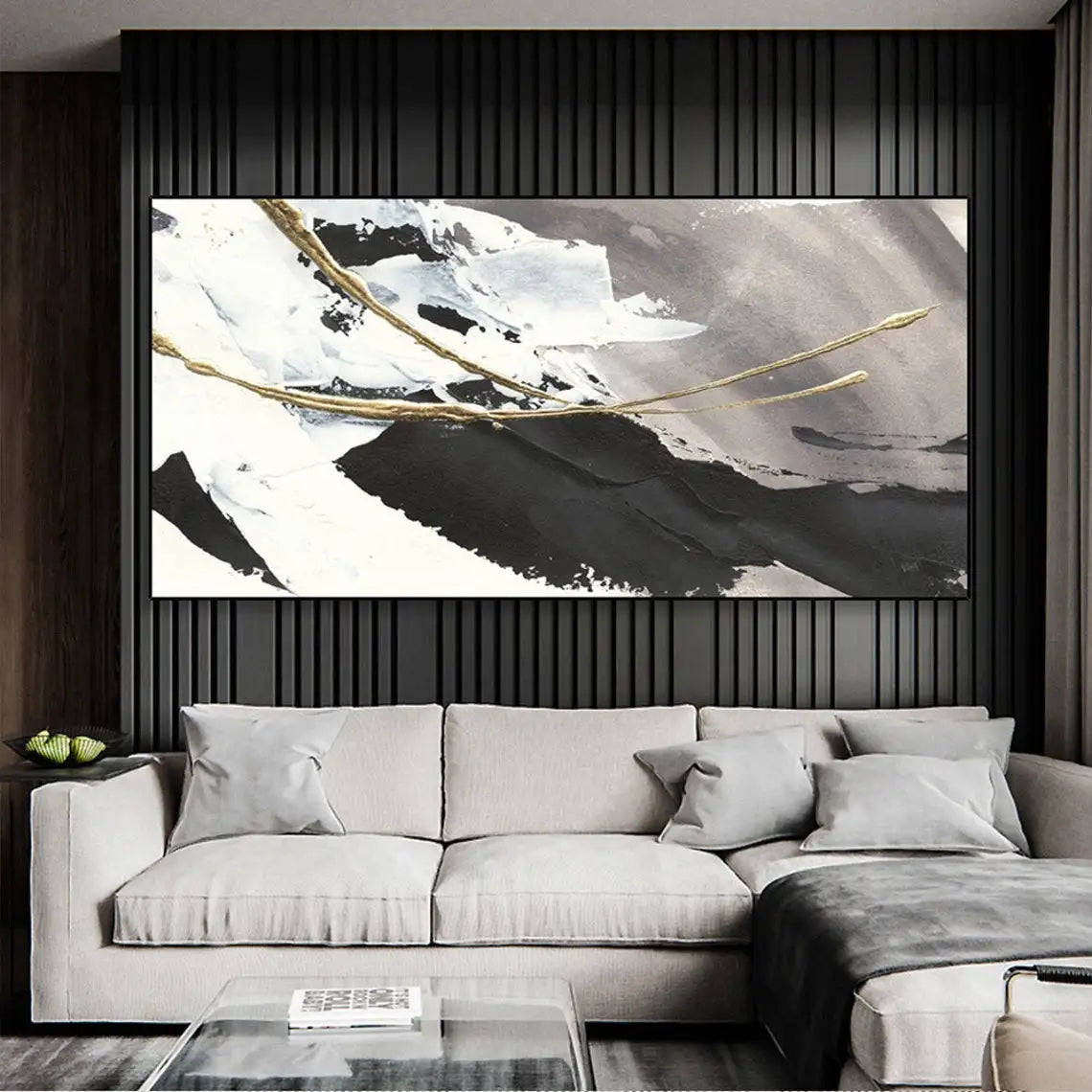 Gold Foil Black White Acrylic Abstract Oil Painting