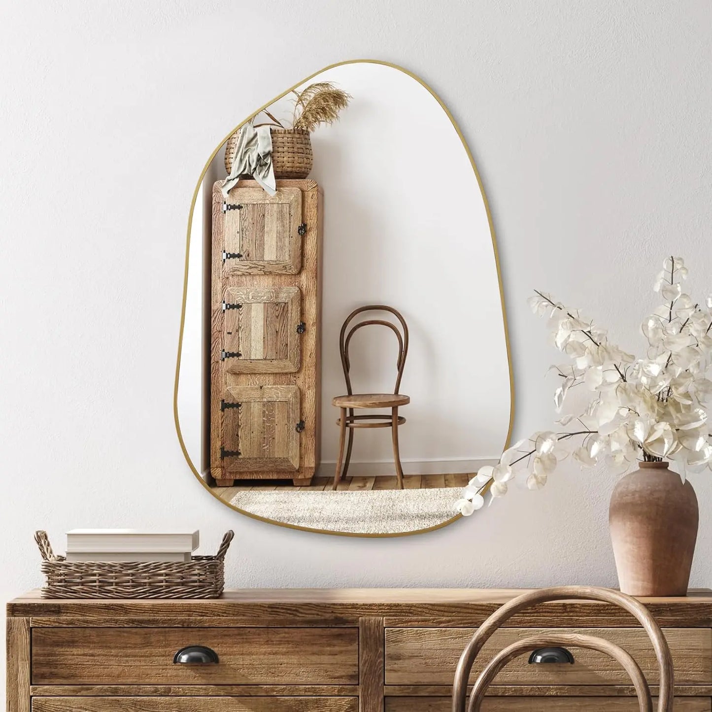 Asymmetrical Gold Wood Wall Mirror