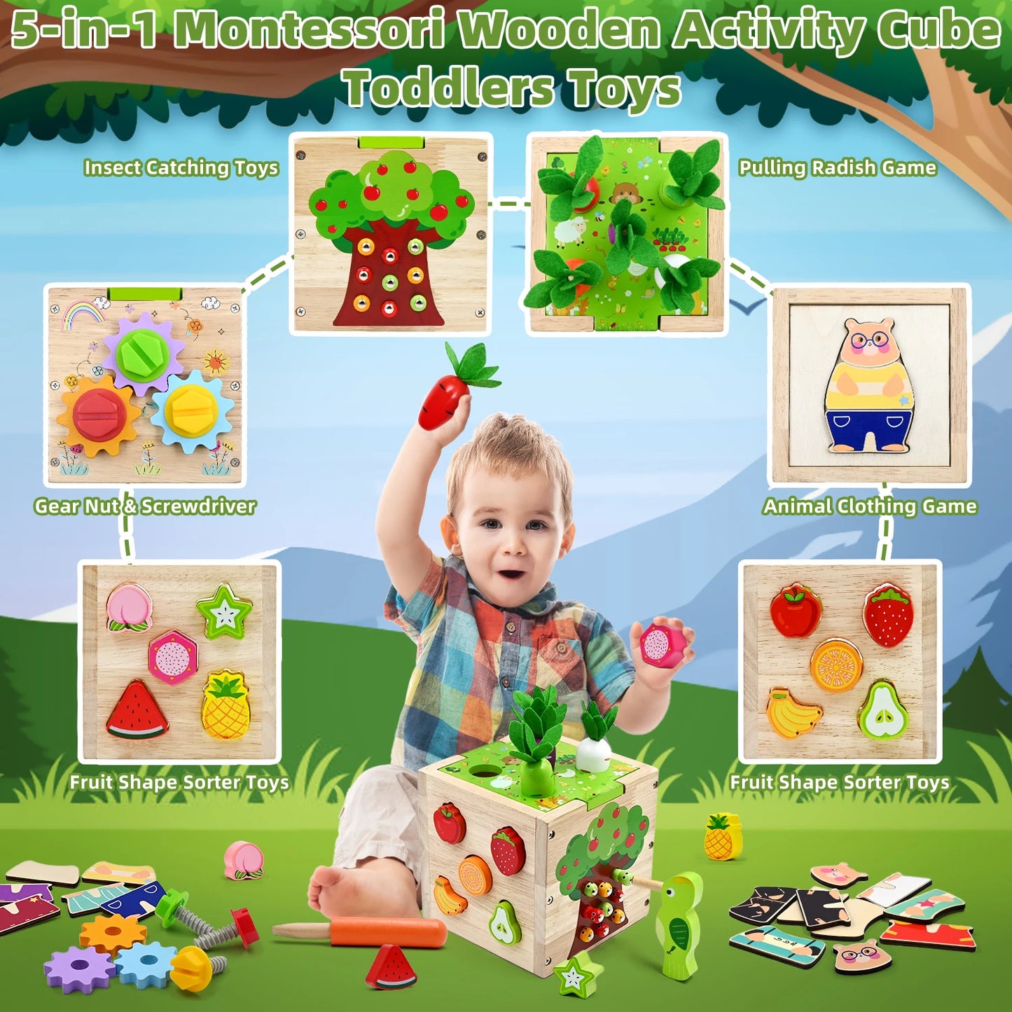 Baby Activity Cube Center - 5 in 1 Montessori Educational Learning Sensory Toy