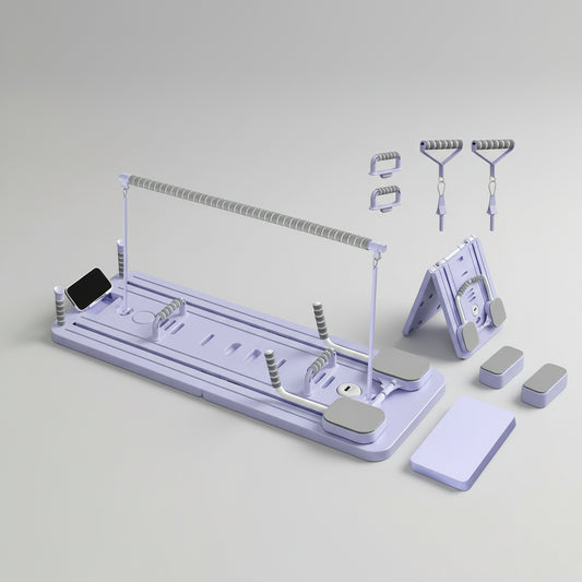 Purple exercise board with various attachments and a woman demonstrating its use on a white background.