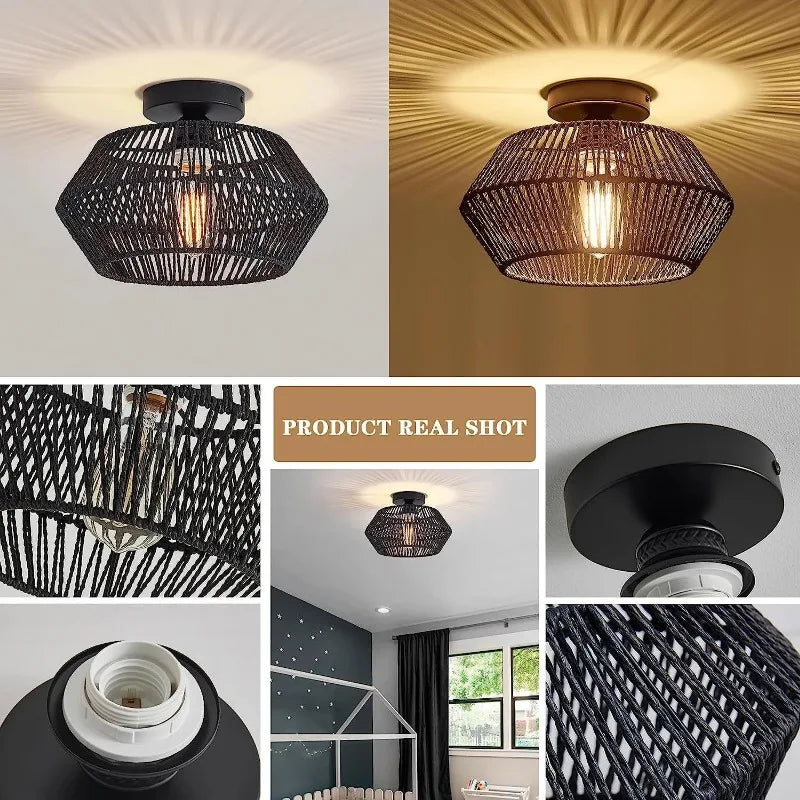 Woven Rattan Flush Mount Ceiling Light