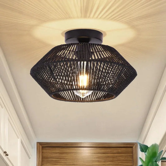 Woven Rattan Flush Mount Ceiling Light